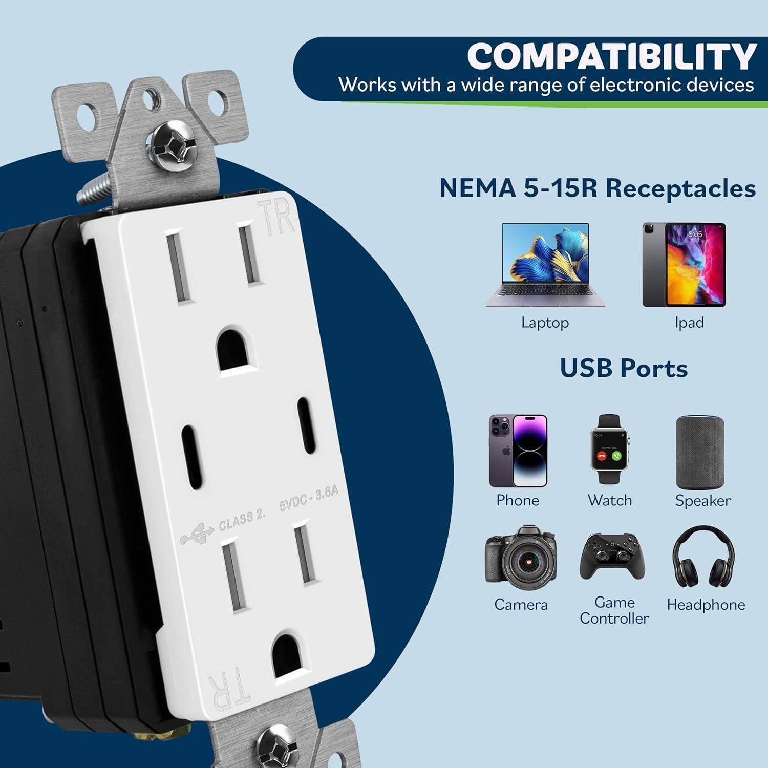 Toma de Pared USB C 2 Puertos 3.6A TOPGREENER Blanco - 2 Pcs