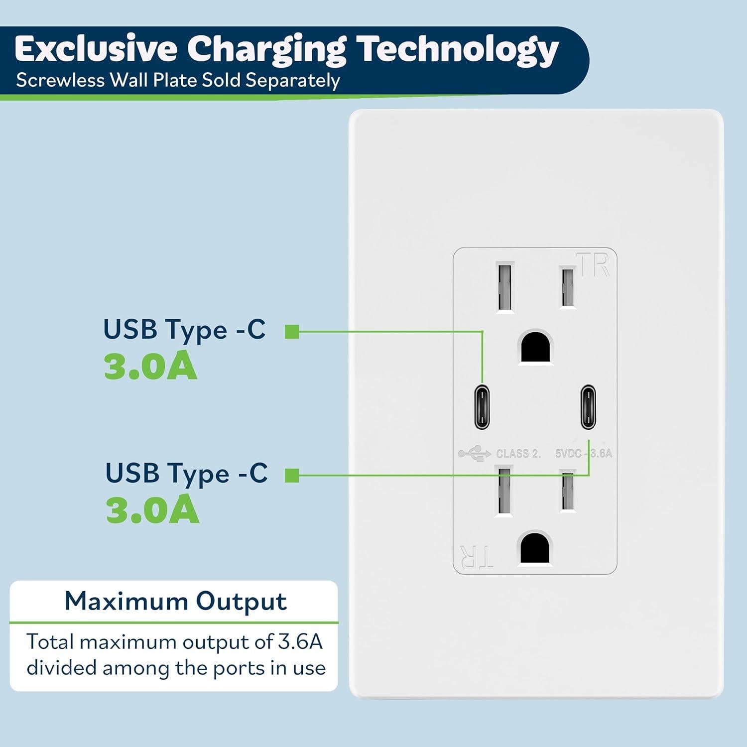 Toma de Pared USB C 2 Puertos 3.6A TOPGREENER Blanco - 2 Pcs