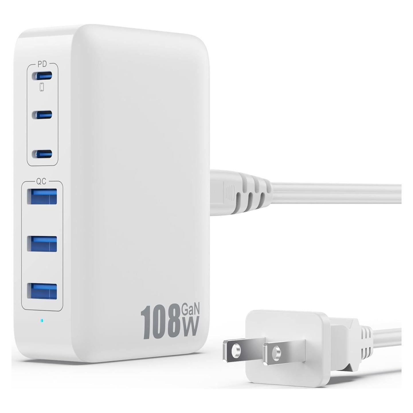 Cargador USB C 108W GaN III 6 Puertos Rápido Gkutw Blanco