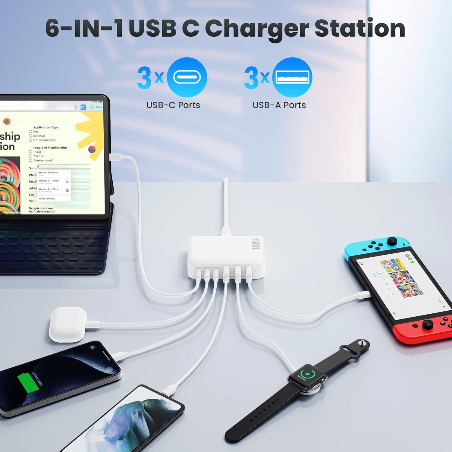 Cargador USB C 108W GaN III 6 Puertos Rápido Gkutw Blanco
