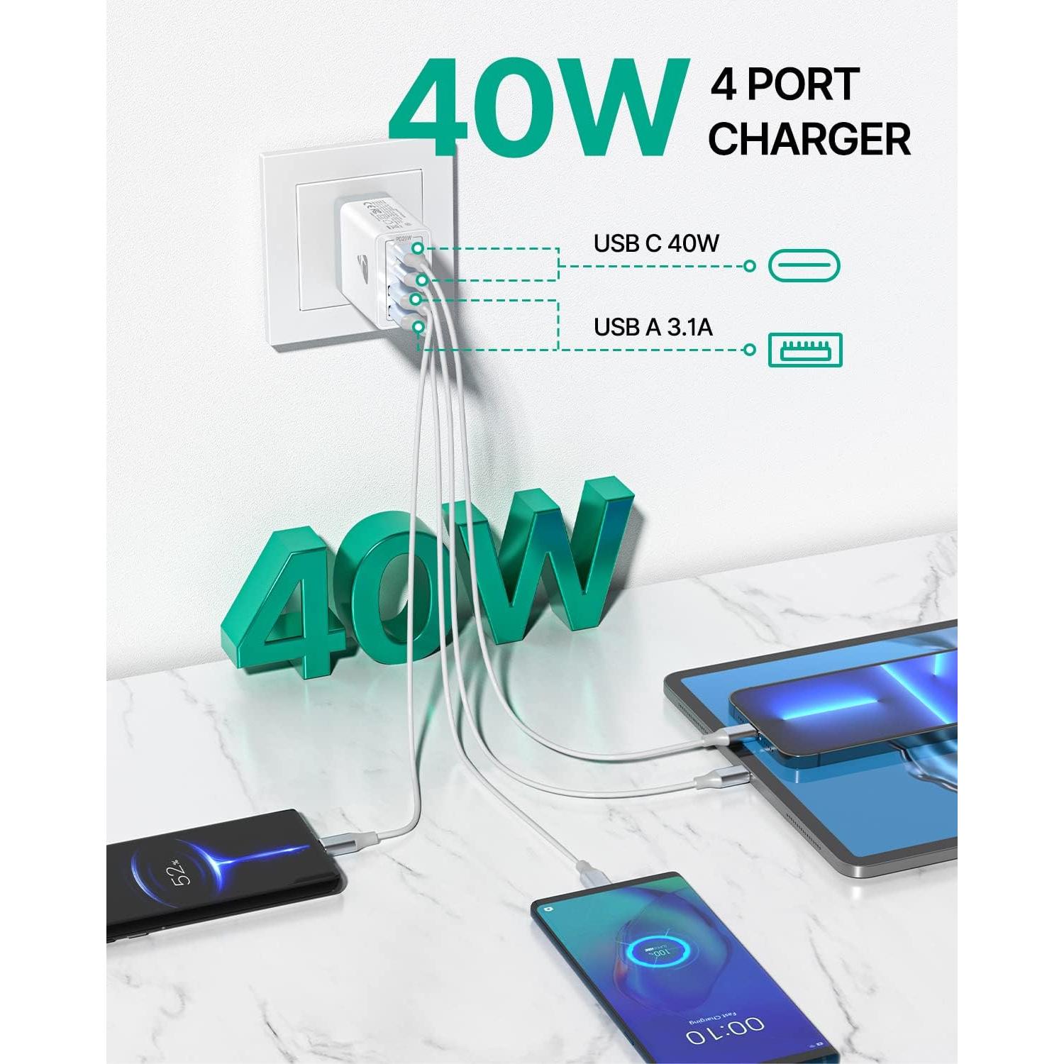Cargador de Pared USB C Aiminu 40W 4 Puertos Rápido