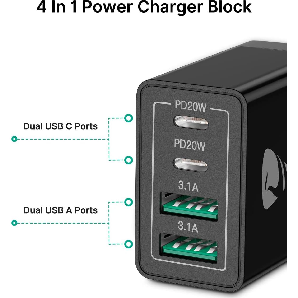 Cargador de Pared USB C Aiminu 40W 4 Puertos Rápido