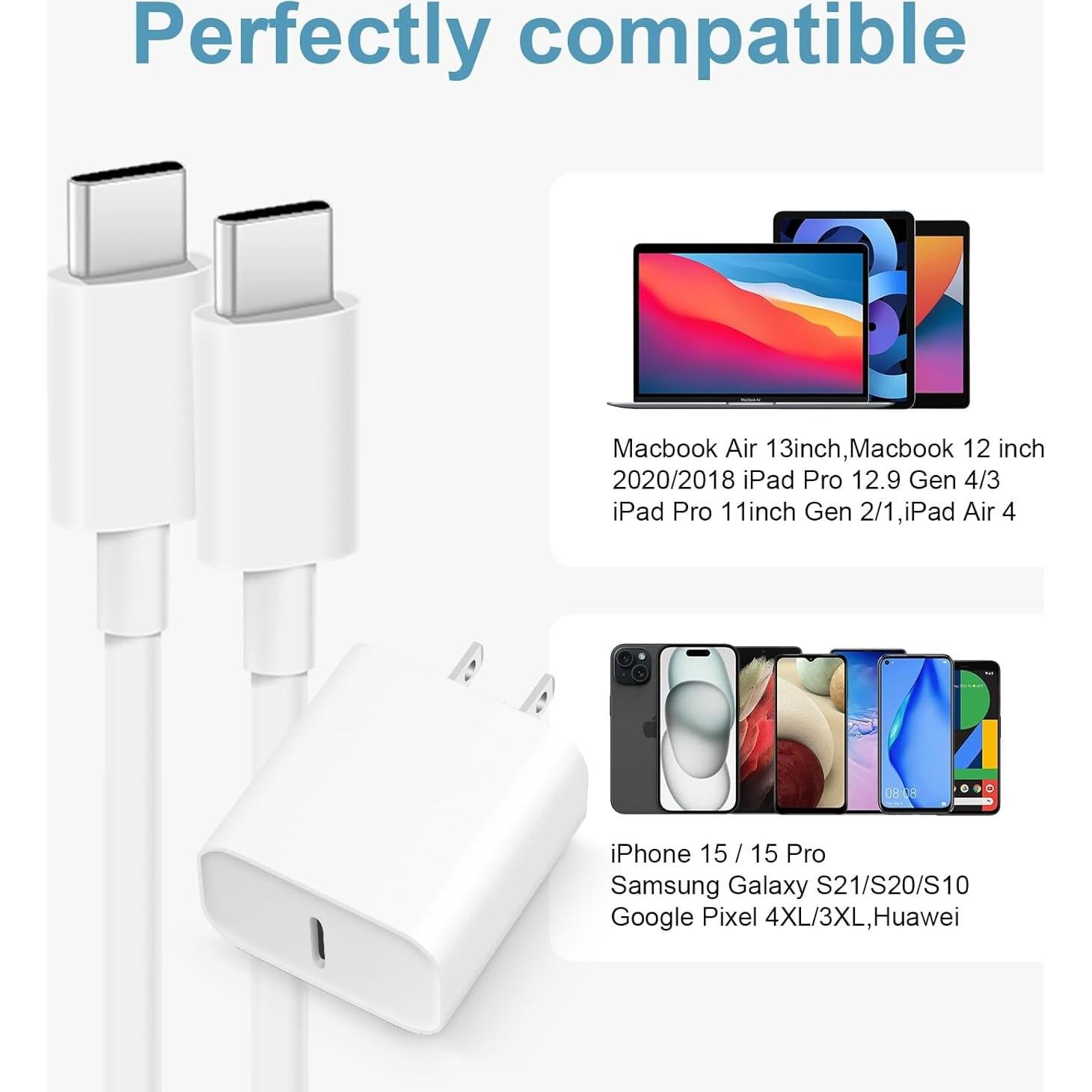 Cargador Rápido 20W USB-C iPhone 15/16 + 3 Cables 6FT