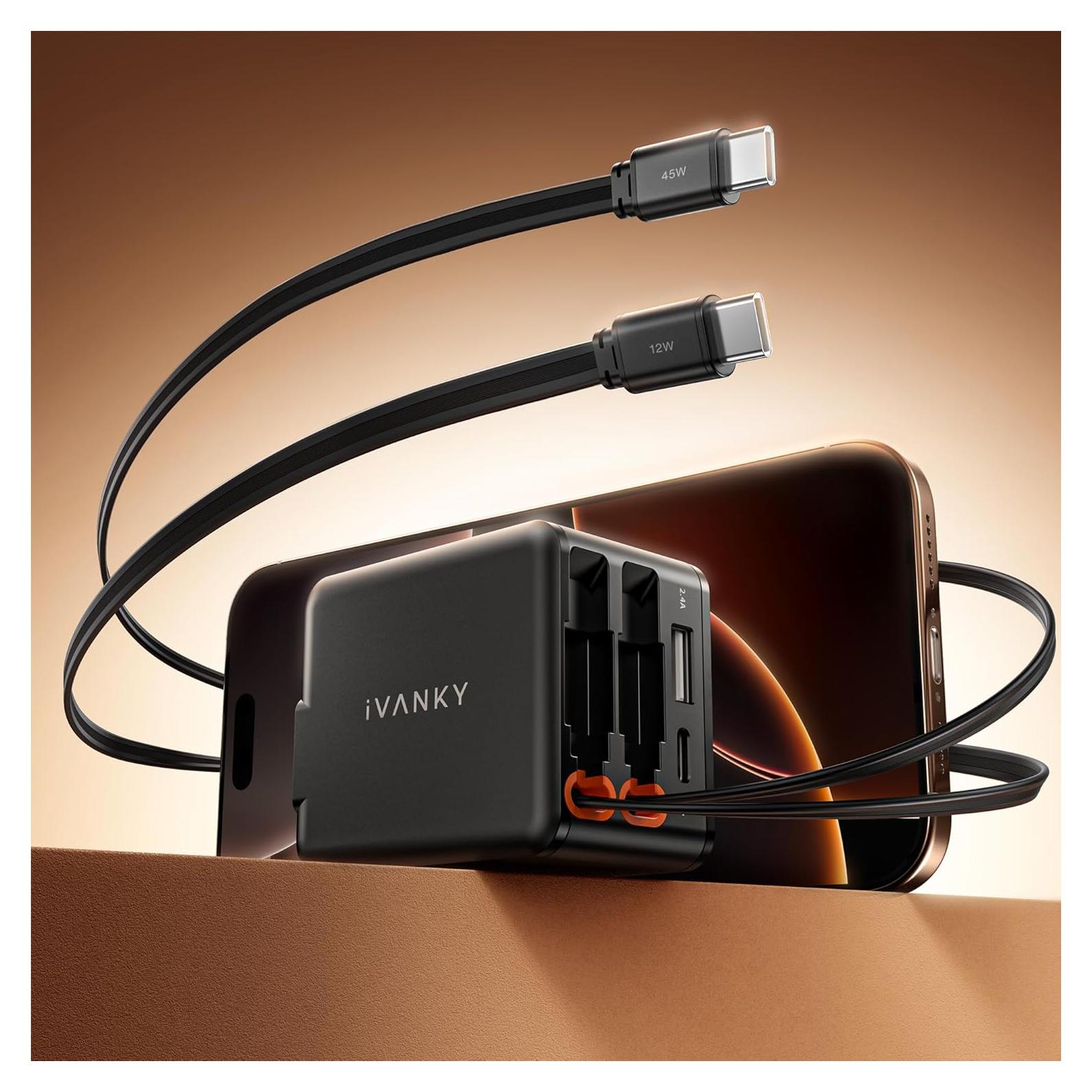 Cargador de Pared Retráctil iVANKY 45W con Cables USB-C Dobles