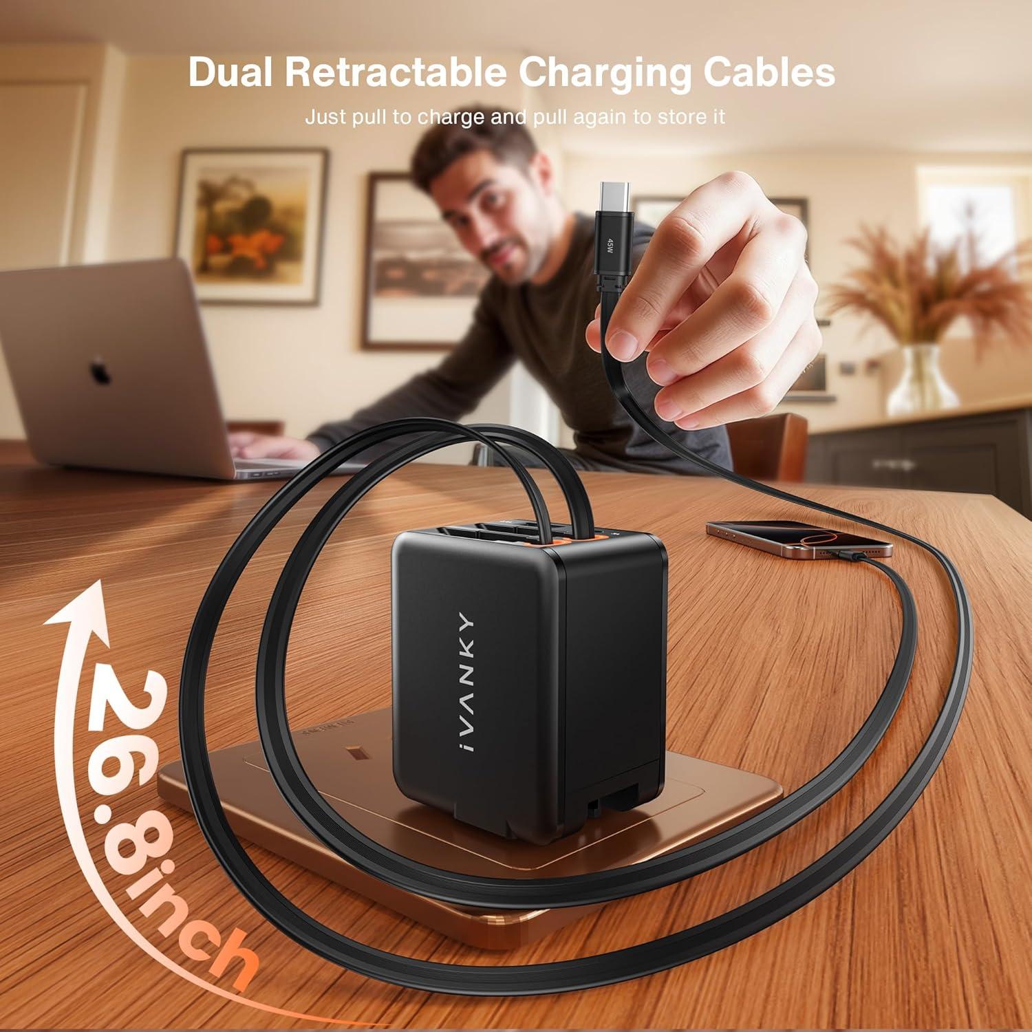 Cargador de Pared Retráctil iVANKY 45W con Cables USB-C Dobles