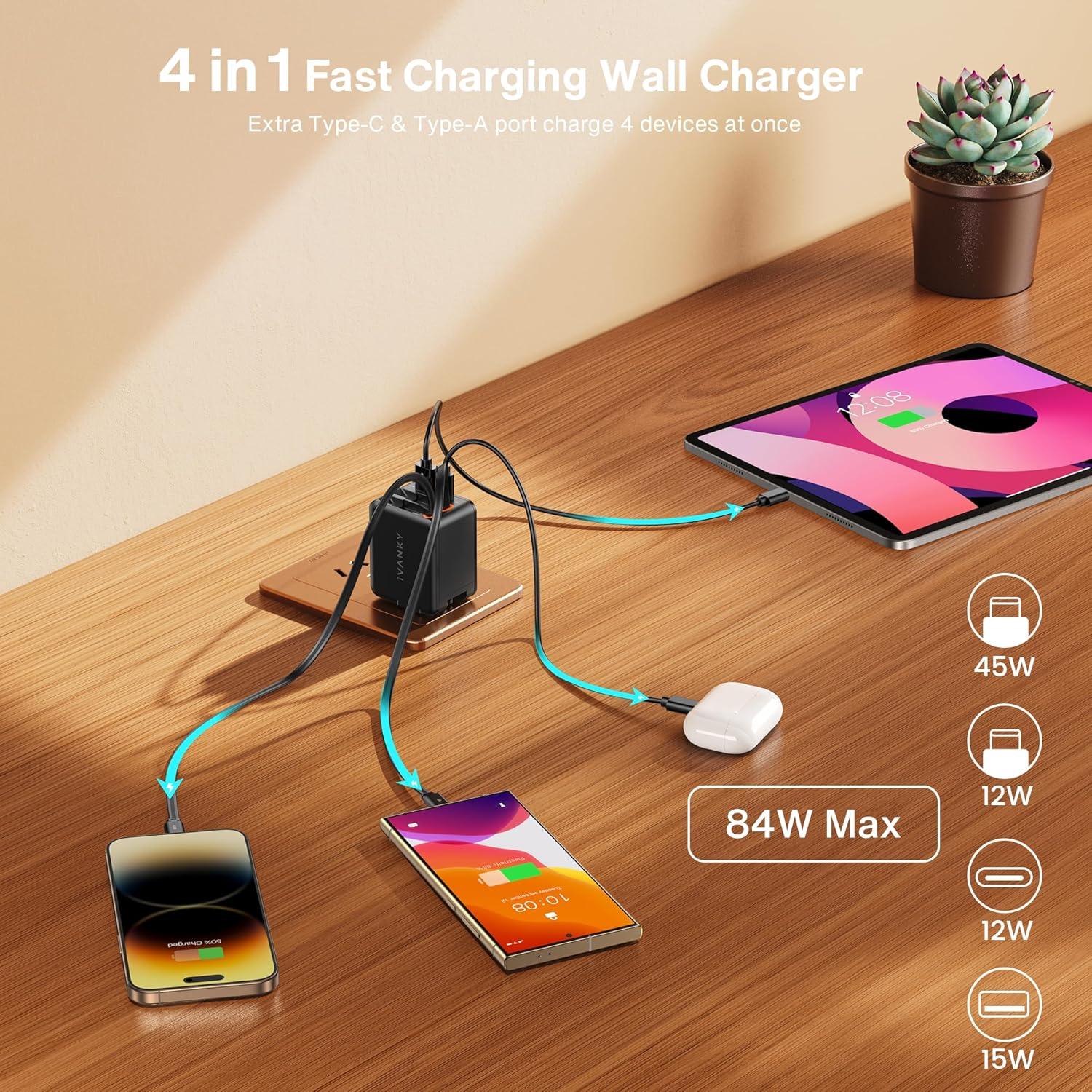 Cargador de Pared Retráctil iVANKY 45W con Cables USB-C Dobles