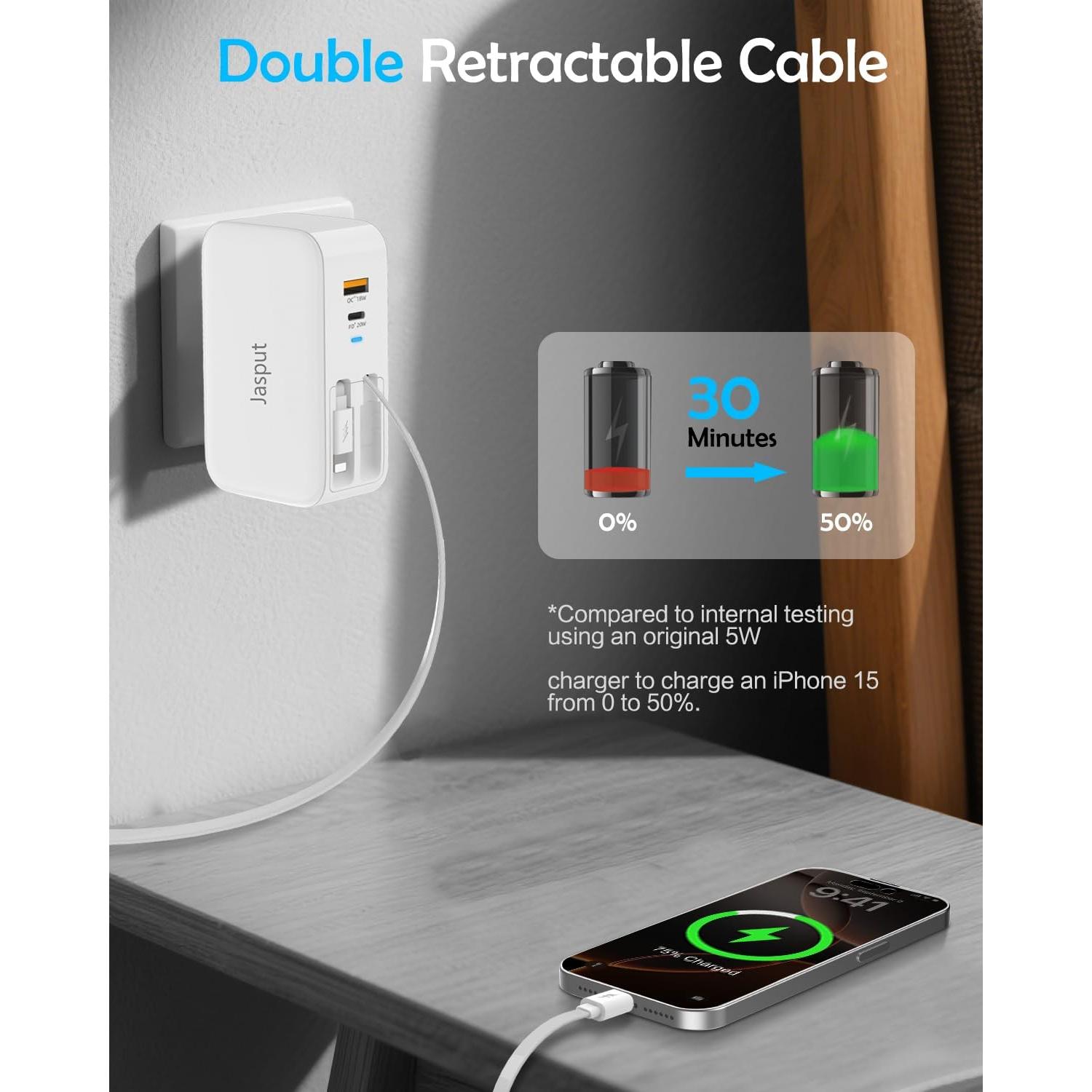 Cargador de Pared Retráctil T11 40W USB-C y USB-A Blanco
