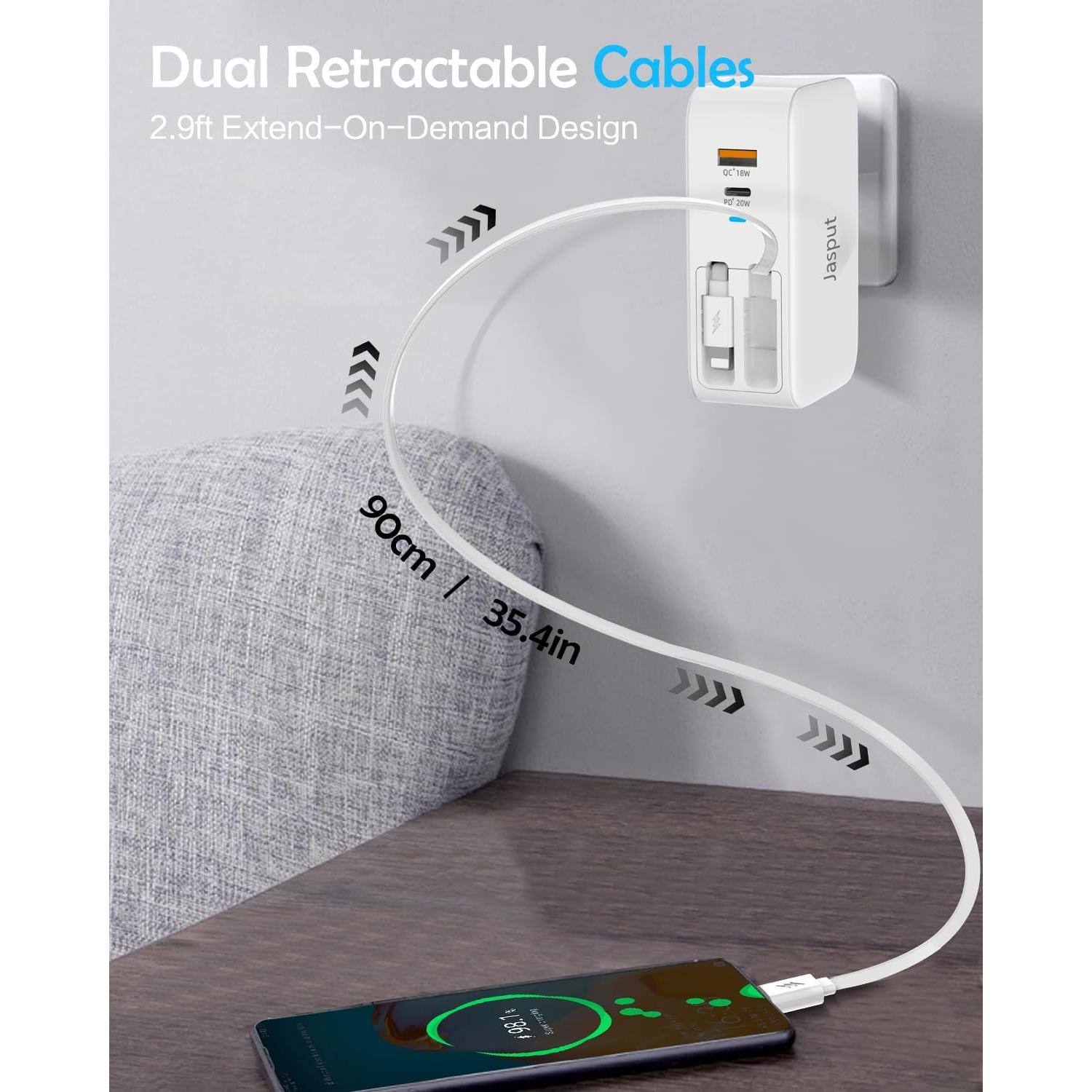 Cargador de Pared Retráctil T11 40W USB-C y USB-A Blanco