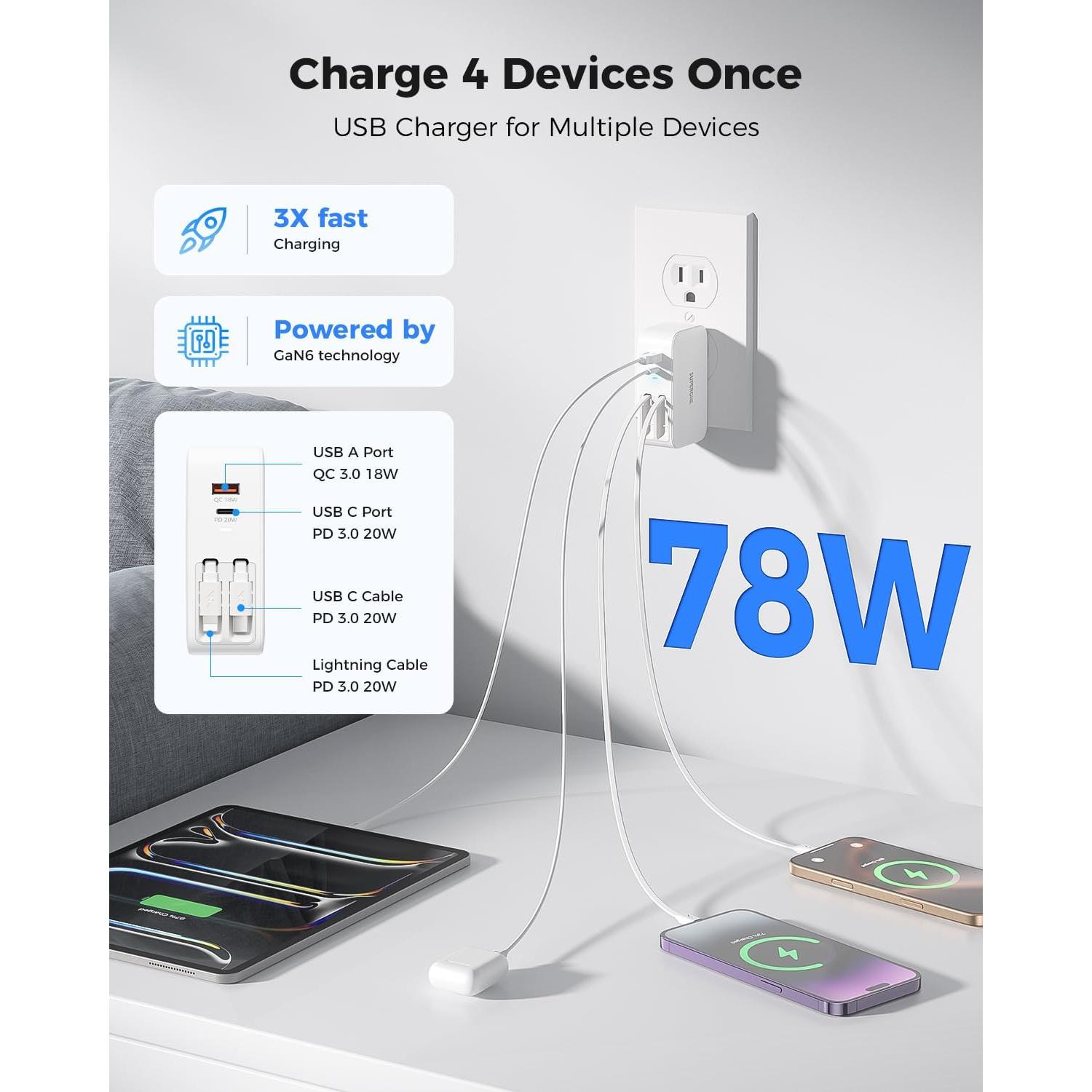 Cargador Retráctil 4-en-1 SUPERONE para iPhone y iPad