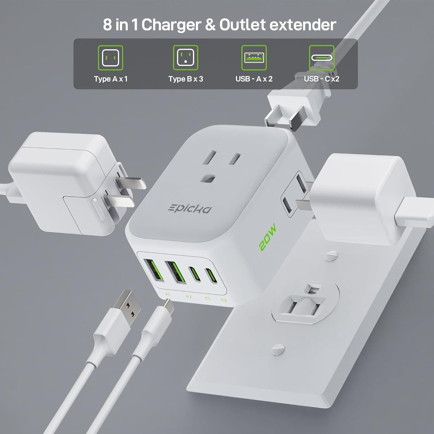 Cargador de Pared Epicka 8 Salidas con 4 USB C 20W Blanco