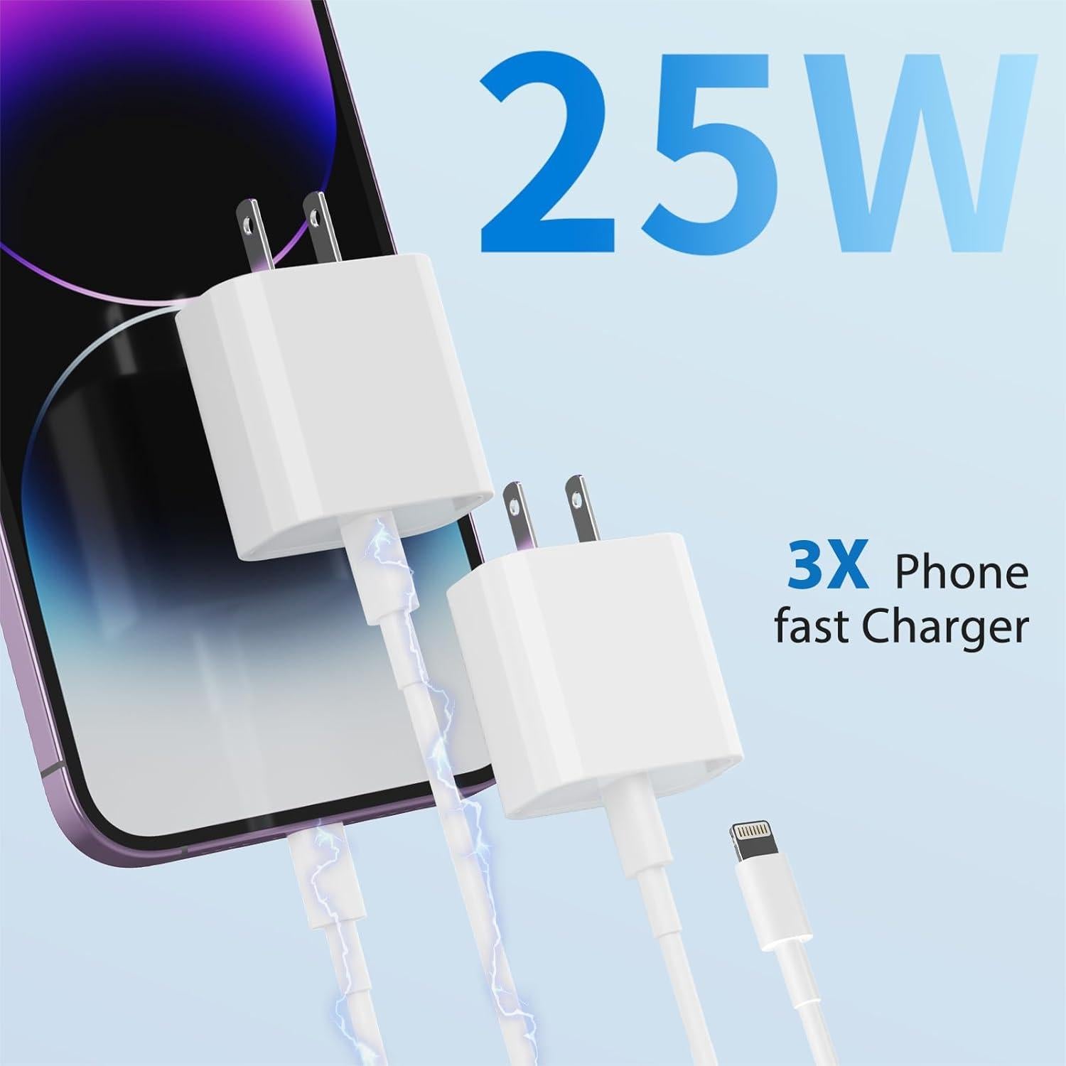 Cargador Rápido 25W USB C PD + 2 Cables Lightning 10FT