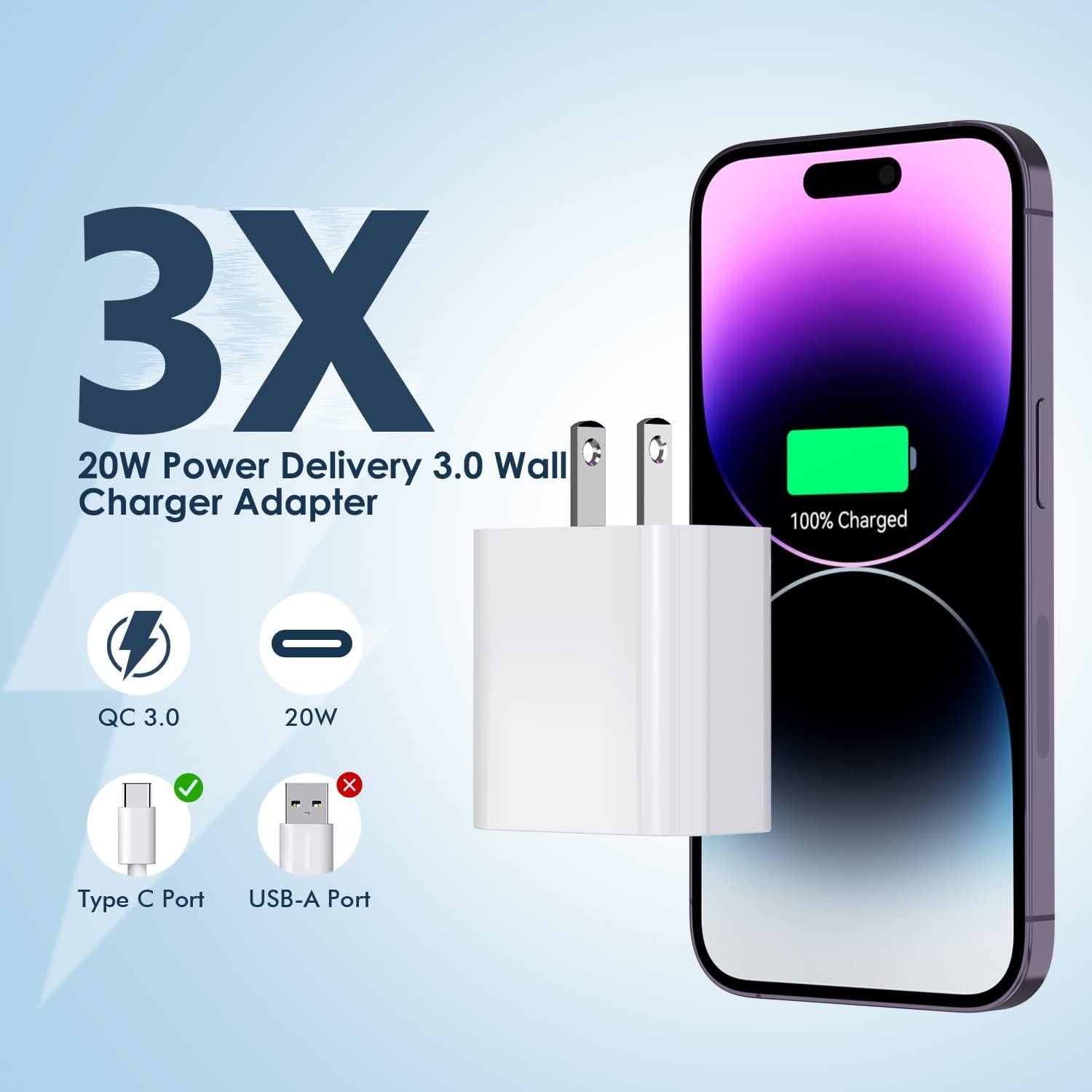 Cargador Rápido 20W USB-C Apple 3Pack para iPhone 16/15