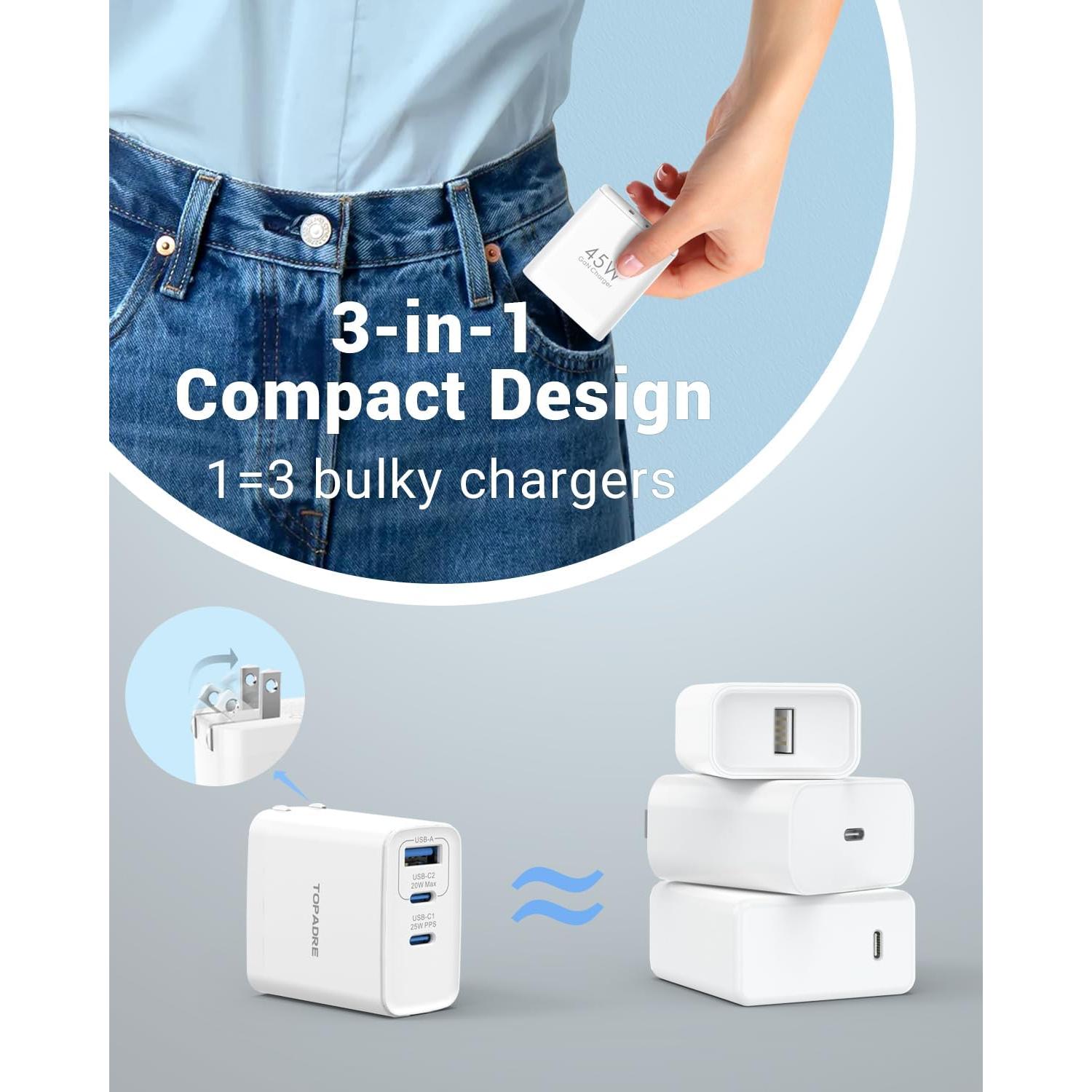 Cargador USB C 45W 2-Pack TOPADRE Plegable Rápido Blanco