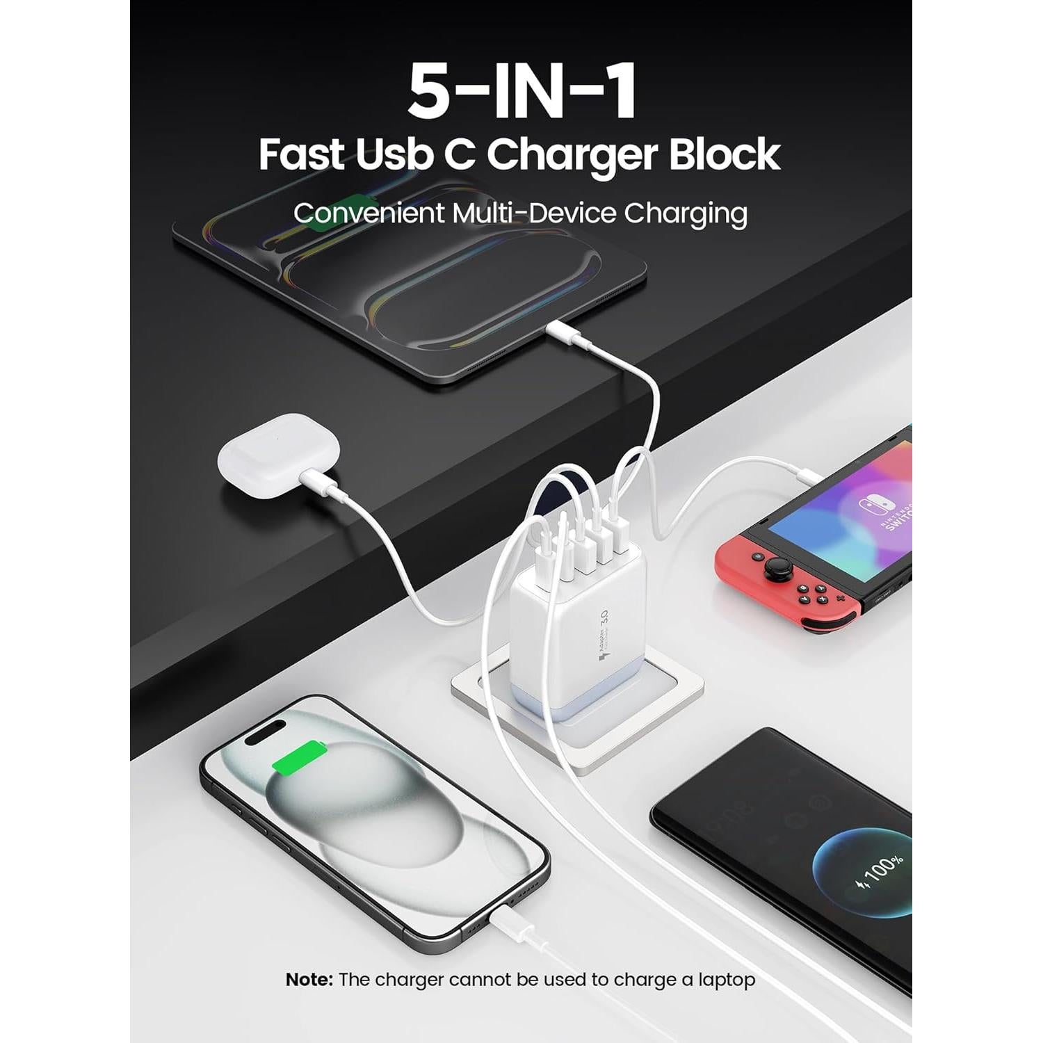 Cargador USB-C Rápido EIZLXQ 50W 5 Puertos Blanco