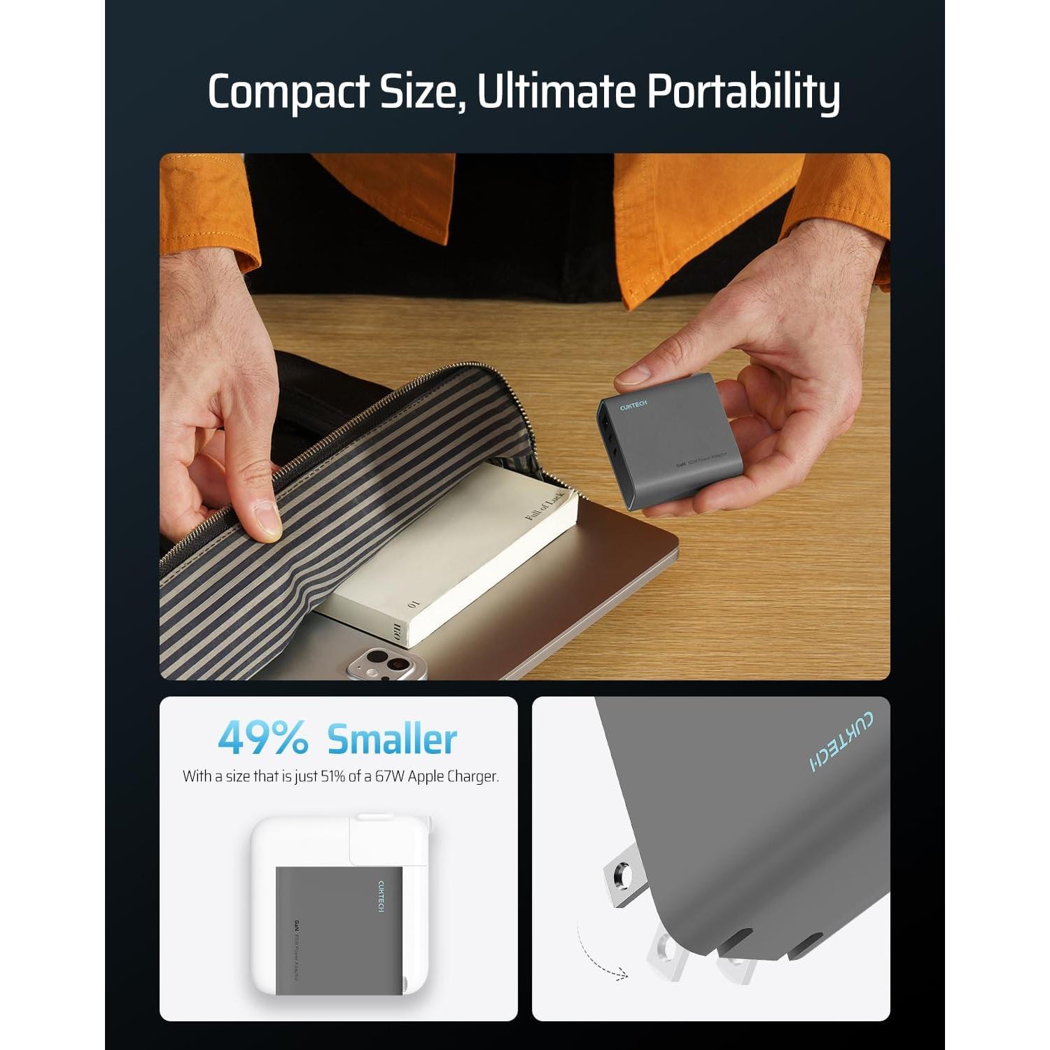 Cargador USB C 65W CUKTECH Plegable 3 Puertos Rápido Gris