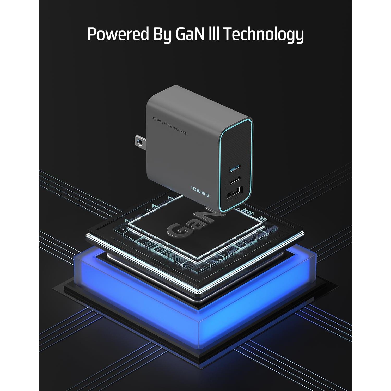 Cargador USB C 65W CUKTECH Plegable 3 Puertos Rápido Gris