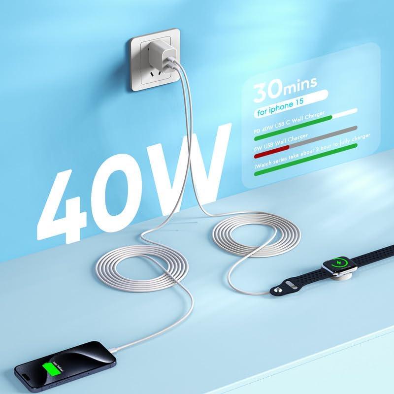 Cargador Rápido Doble USB-C 40W para iPhone 16 y Apple Watch