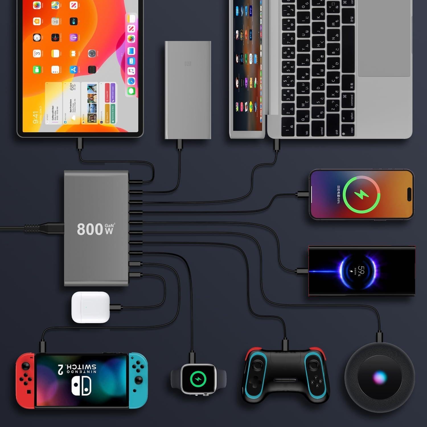 Estación de Carga USB-C 800W GaN III 10 Puertos Rápido