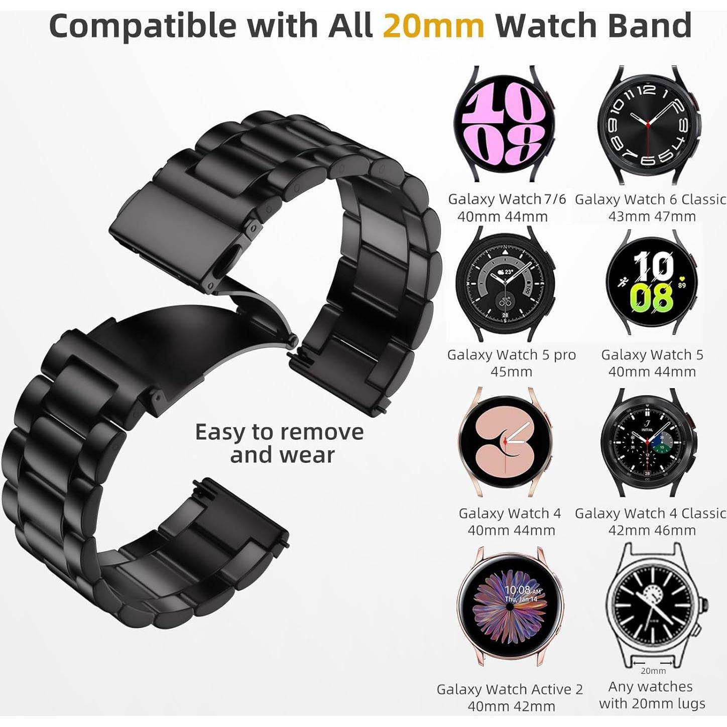 Banda de Acero Inoxidable Lerobo 20mm para Galaxy Watch 7/6/5/4