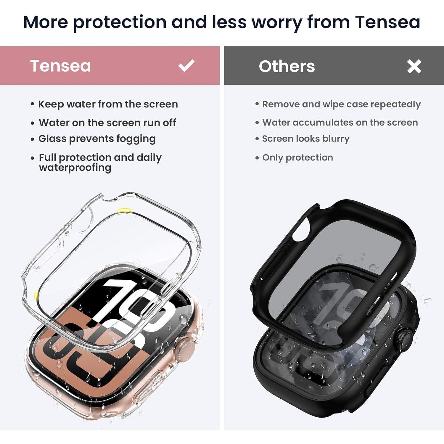 Tensea for Waterproof Apple Watch Screen Protector Case Series 10 46mm Accessories, iWatch Protective PC Face Cover Built-in Tempered Glass Film, Sweatproof Bumper for Women Men, 46 mm