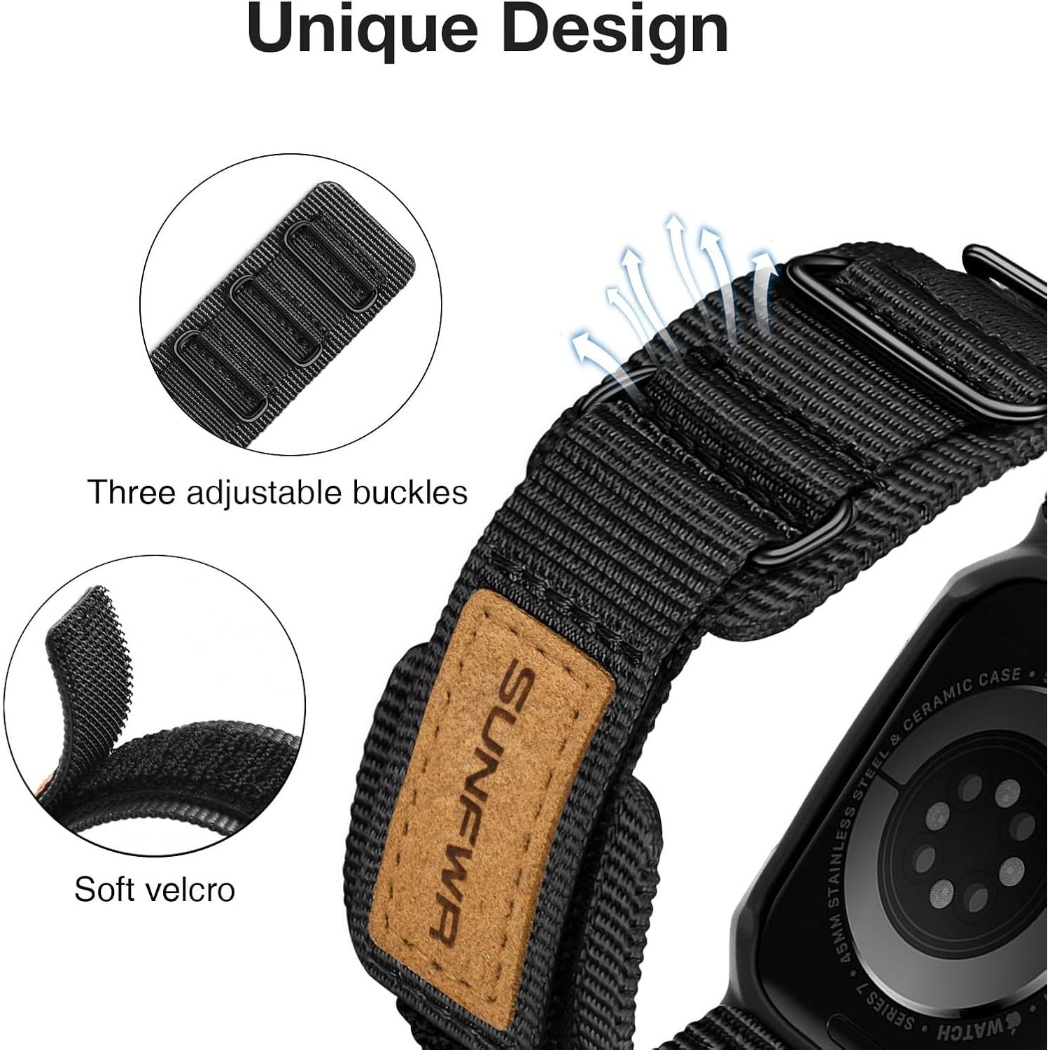 Correa Deportiva de Nylon SUNFWR para Apple Watch 44mm 45mm Negro
