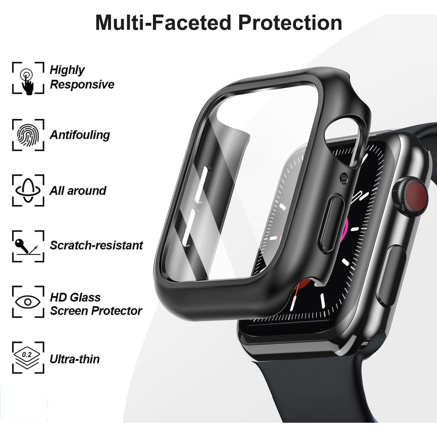 HANKN 6 Pack Hard Matte Case for Apple Watch Series 9 8 7 41mm Tempered Glass Screen Protector Case, Full Protective Cover Ultra-thin Shockproof Shell Button Non-Waterproof Iwatch Bumper (41mm)