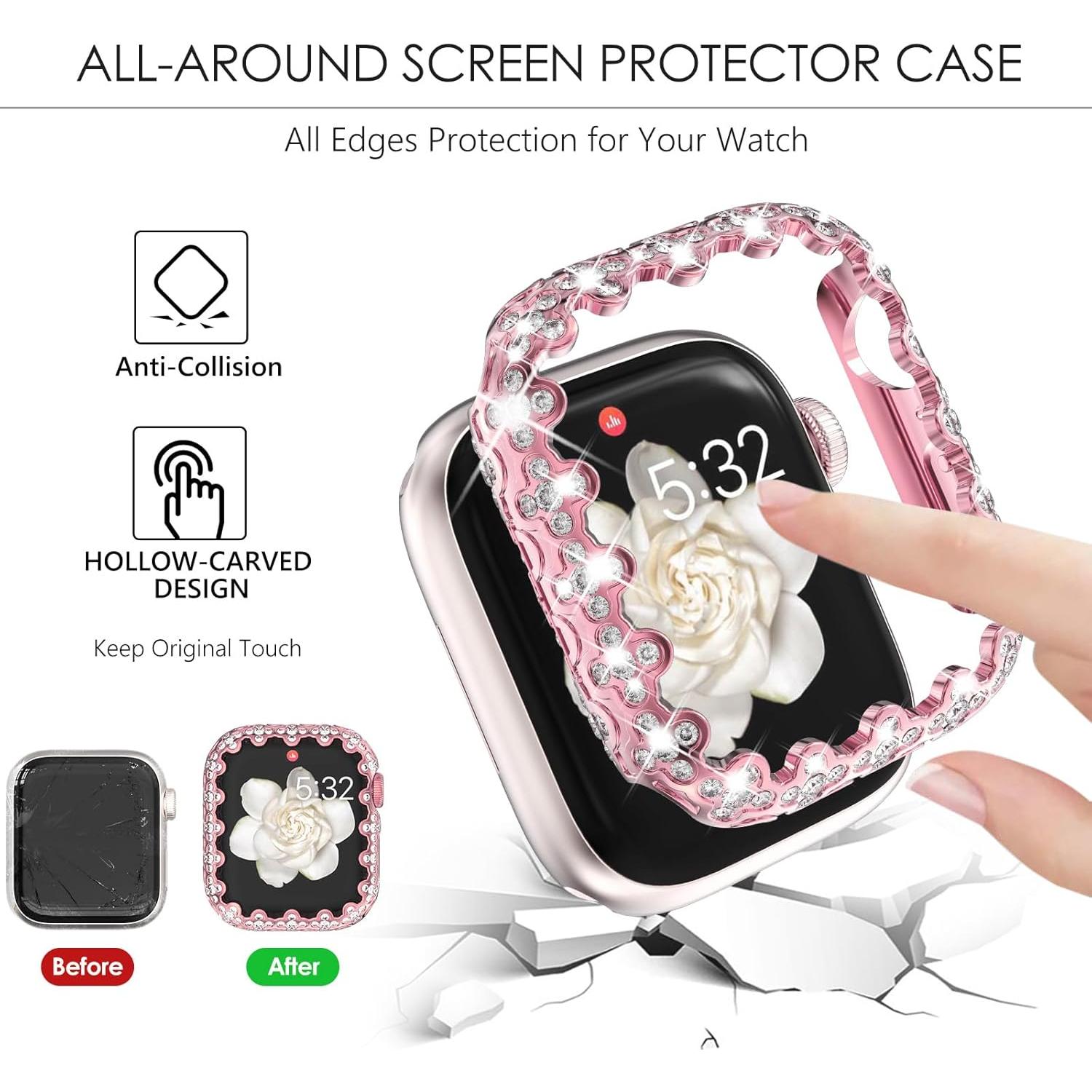 Funda Protectora WINGLE para Apple Watch 45mm Rosa Bling