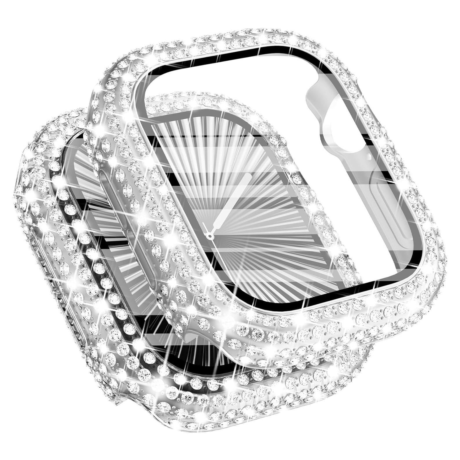 WINGLE 2 Pack for Apple Watch Series 10 Case 42mm Screen Protector, 300 Crystal Diamonds Overall Protective Case Face Cover iWatch 10 42 mm Bling Bumper Tempered Glass Screen Protector, Silver/Clear
