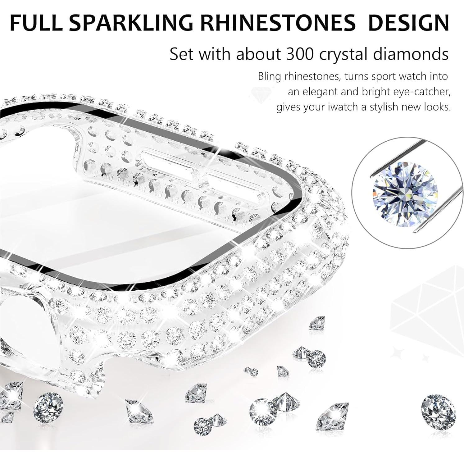 WINGLE 2 Pack for Apple Watch Series 10 Case 42mm Screen Protector, 300 Crystal Diamonds Overall Protective Case Face Cover iWatch 10 42 mm Bling Bumper Tempered Glass Screen Protector, Silver/Clear