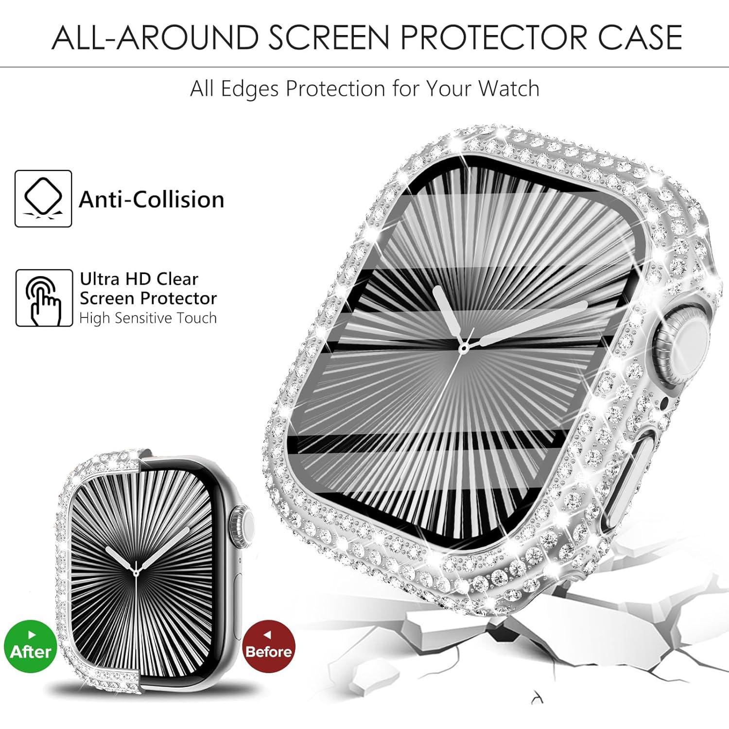WINGLE 2 Pack for Apple Watch Series 10 Case 42mm Screen Protector, 300 Crystal Diamonds Overall Protective Case Face Cover iWatch 10 42 mm Bling Bumper Tempered Glass Screen Protector, Silver/Clear