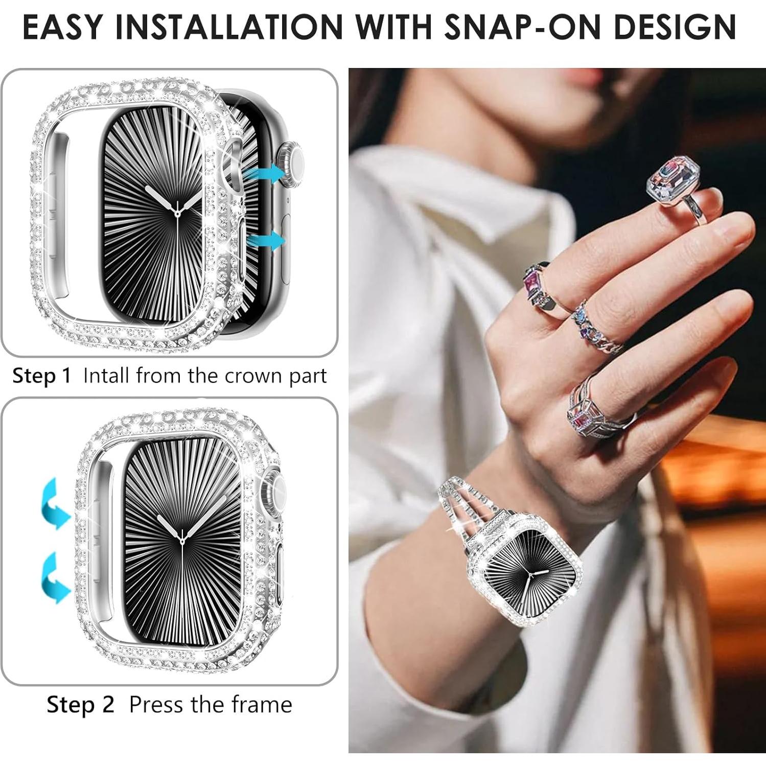 WINGLE 2 Pack for Apple Watch Series 10 Case 42mm Screen Protector, 300 Crystal Diamonds Overall Protective Case Face Cover iWatch 10 42 mm Bling Bumper Tempered Glass Screen Protector, Silver/Clear
