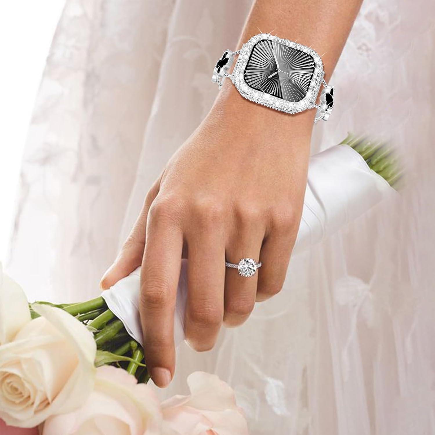 WINGLE 2 Pack for Apple Watch Series 10 Case 42mm Screen Protector, 300 Crystal Diamonds Overall Protective Case Face Cover iWatch 10 42 mm Bling Bumper Tempered Glass Screen Protector, Silver/Clear