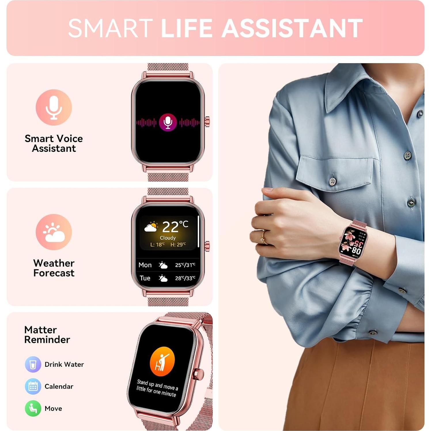 Reloj Inteligente Haulvean 1.85" Rosa con Monitoreo de Salud