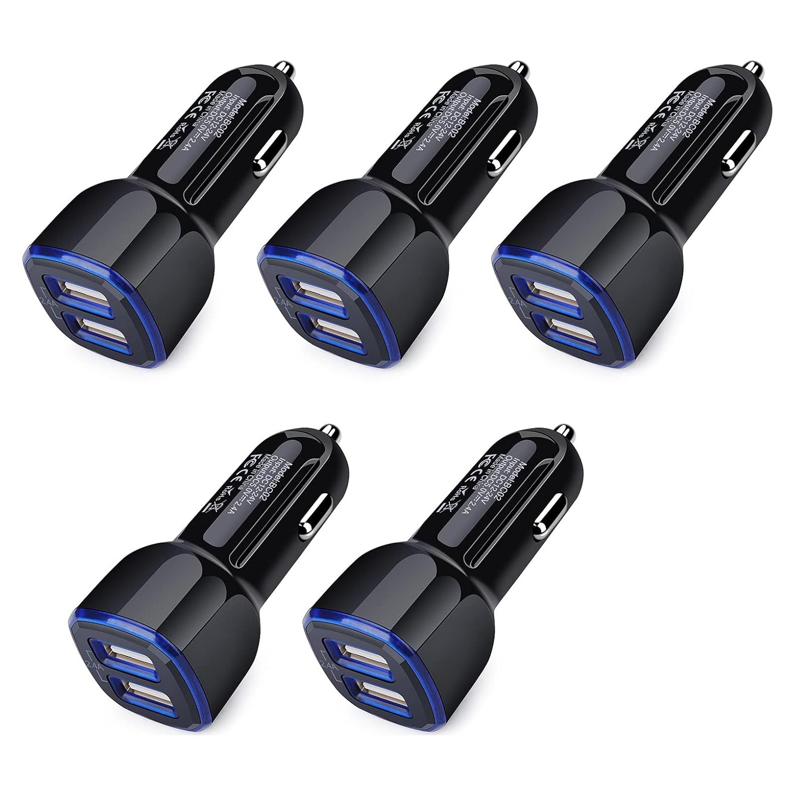 Cargador de Coche USB Doble 2.4A AndHot - 5 Pack