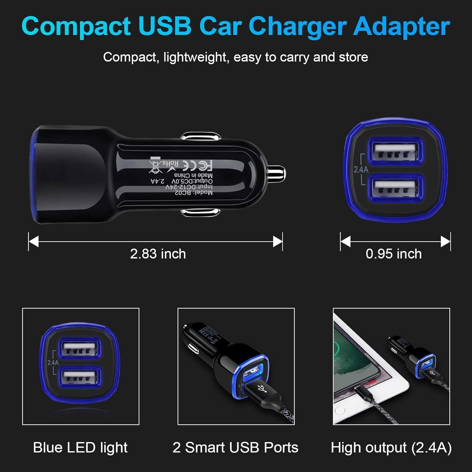 Cargador de Coche USB Doble 2.4A AndHot - 5 Pack