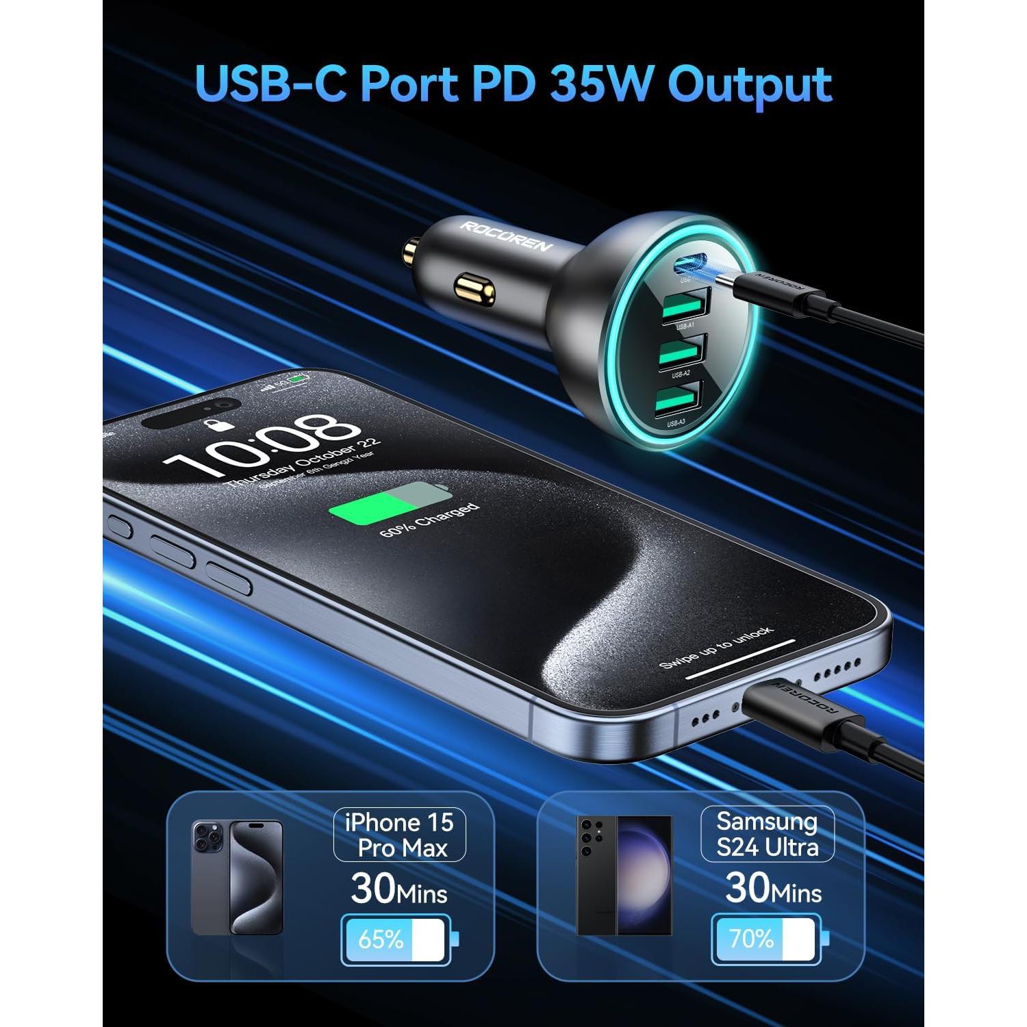 Cargador de Coche Rocoren 55W 4 Puertos USB C Rápido