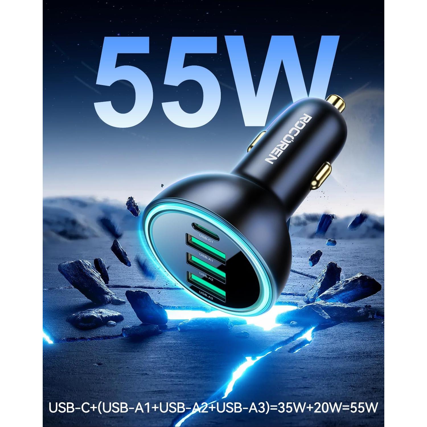 Cargador de Coche Rocoren 55W 4 Puertos USB C Rápido