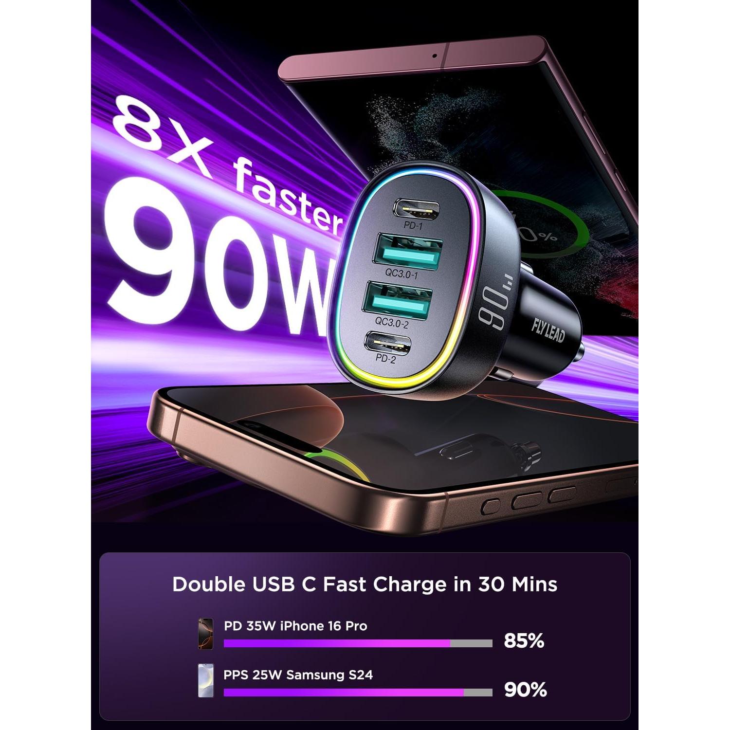 Cargador de Coche FLYLEAD USB C 90W 4 Puertos Rápido