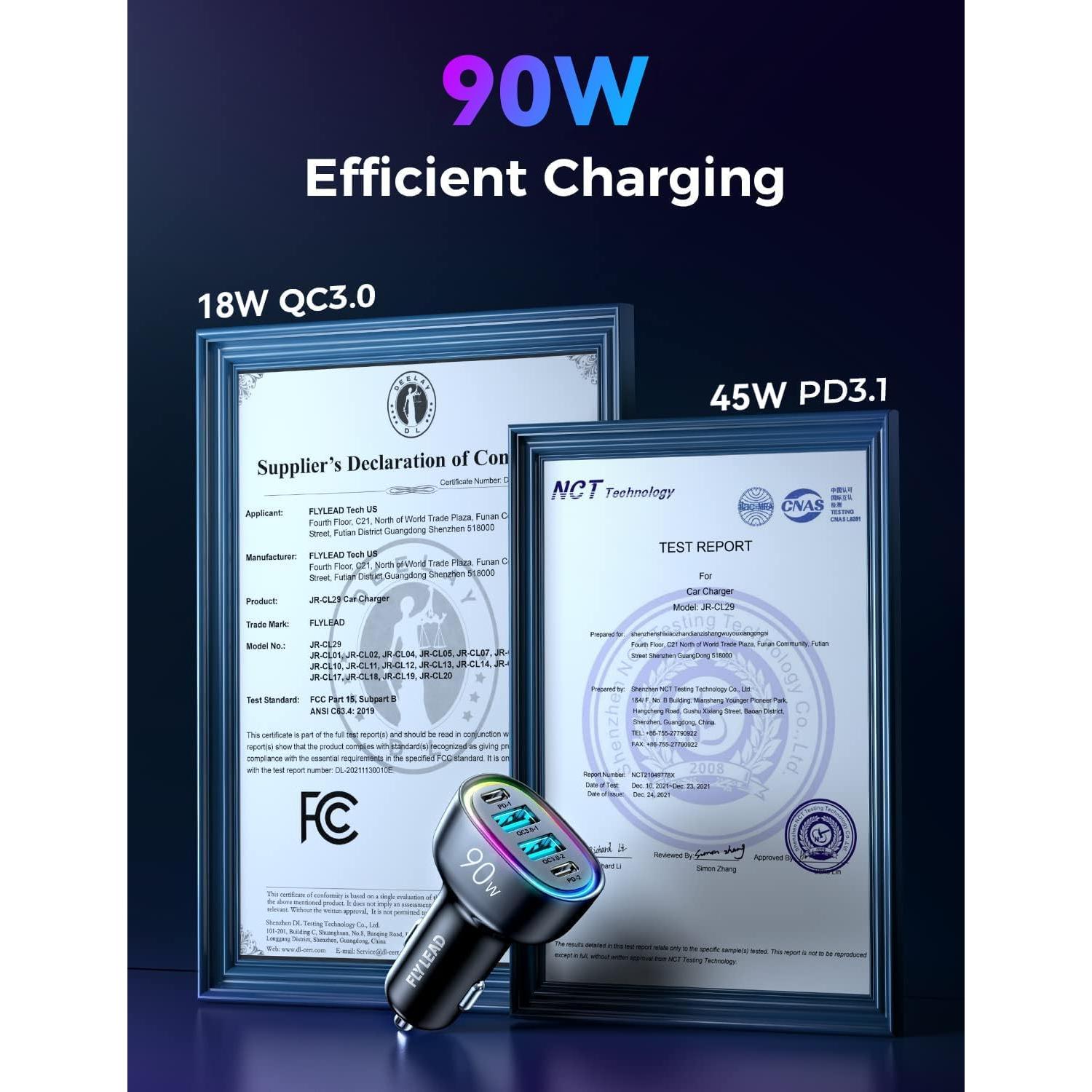 Cargador de Coche FLYLEAD USB C 90W 4 Puertos Rápido