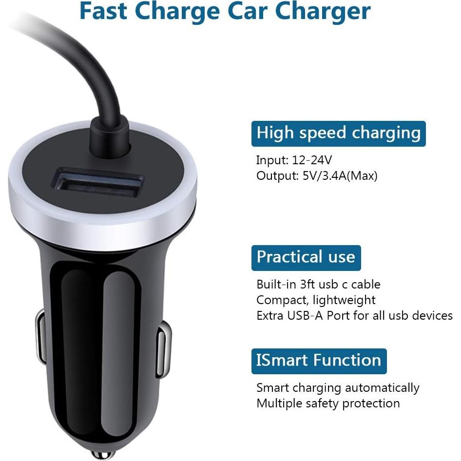 Cargador de coche USB-C AndHot 3.4A con cable 0.9m