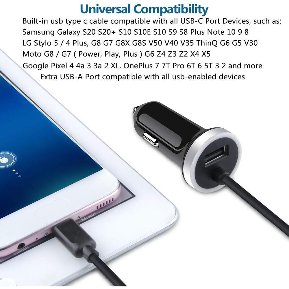 Cargador de coche USB-C AndHot 3.4A con cable 0.9m