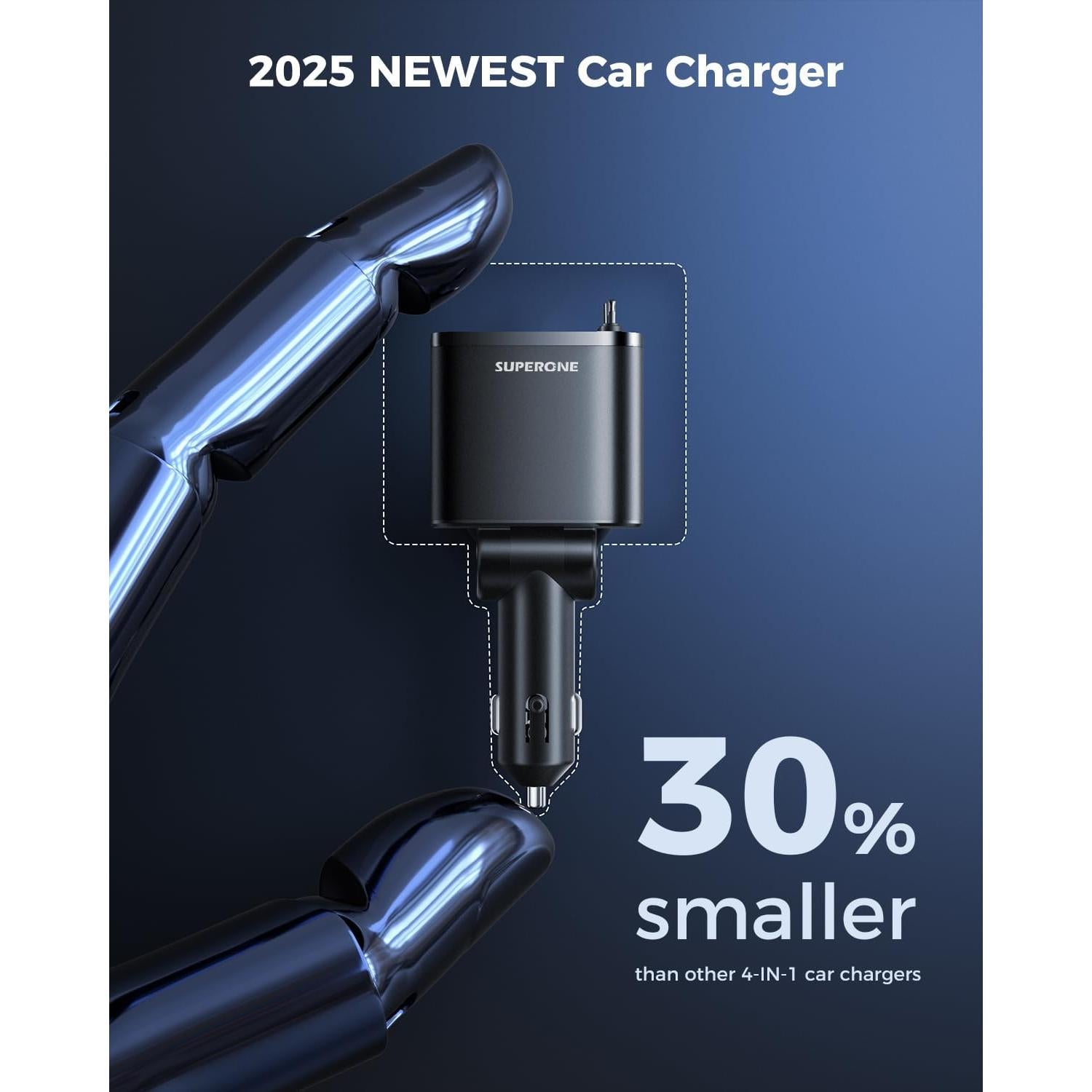 Cargador de Coche Retráctil SUPERONE 69W USB-C y USB-A Negro