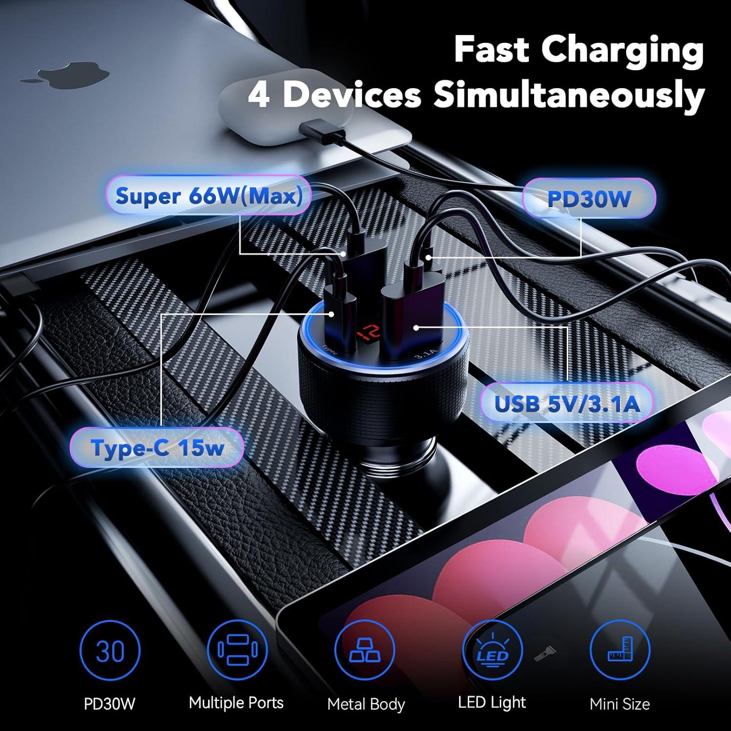 Cargador de Coche USB C 4 Puertos 78W Rápido con Voltímetro