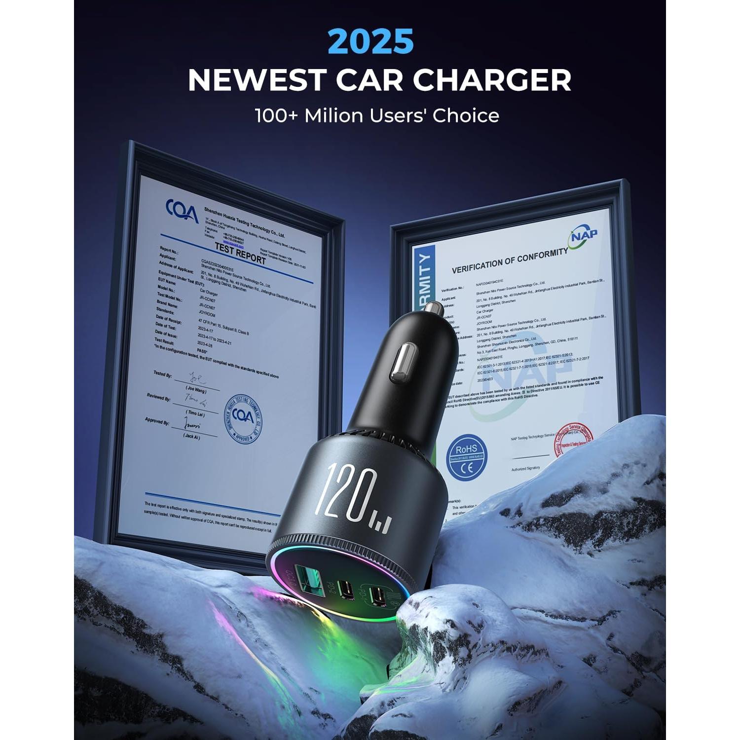 Cargador de Coche JOYROOM 120W USB C 3 Puertos Carga Rápida