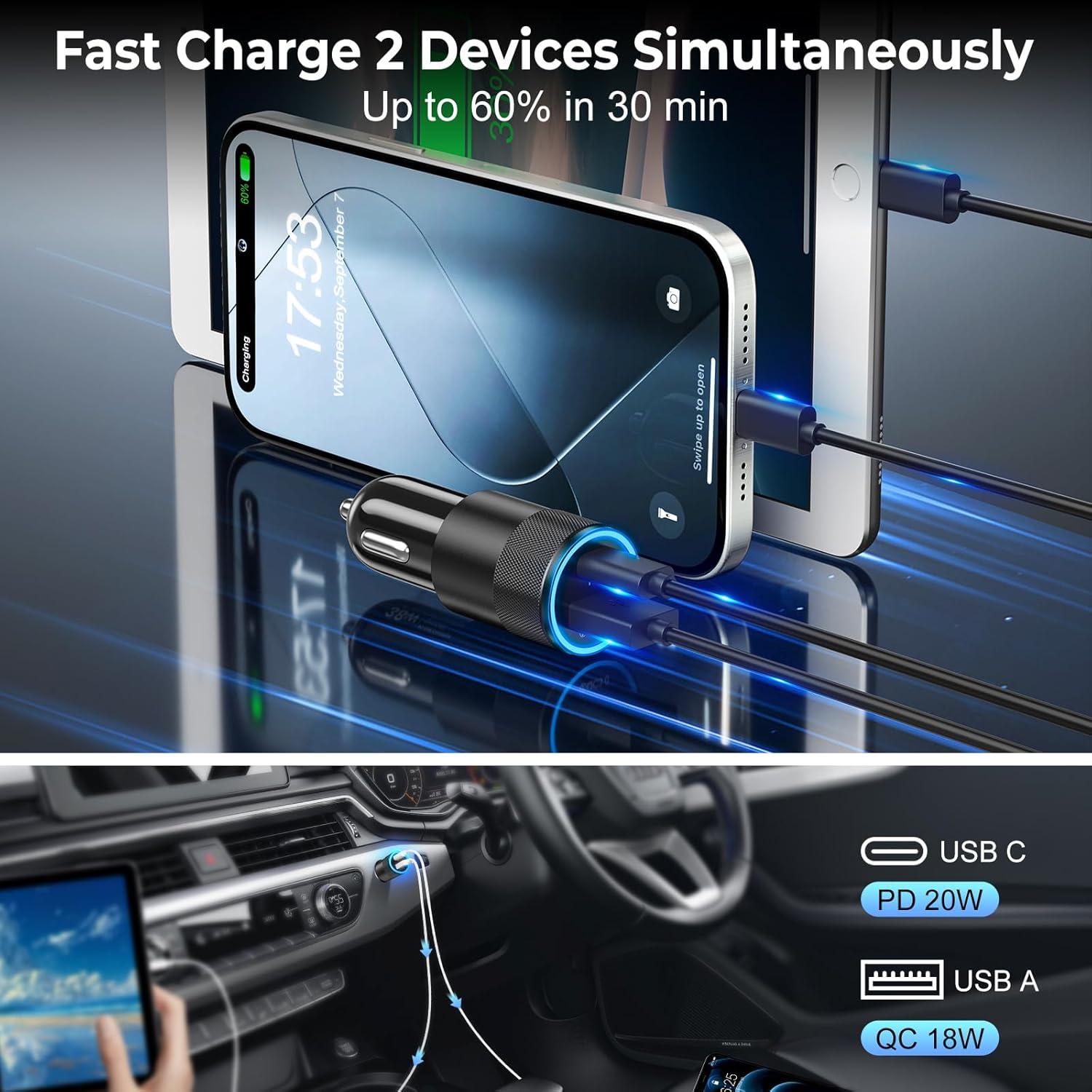 Cargador de Coche USB C Ancekoy 38W Doble Puerto Rápido