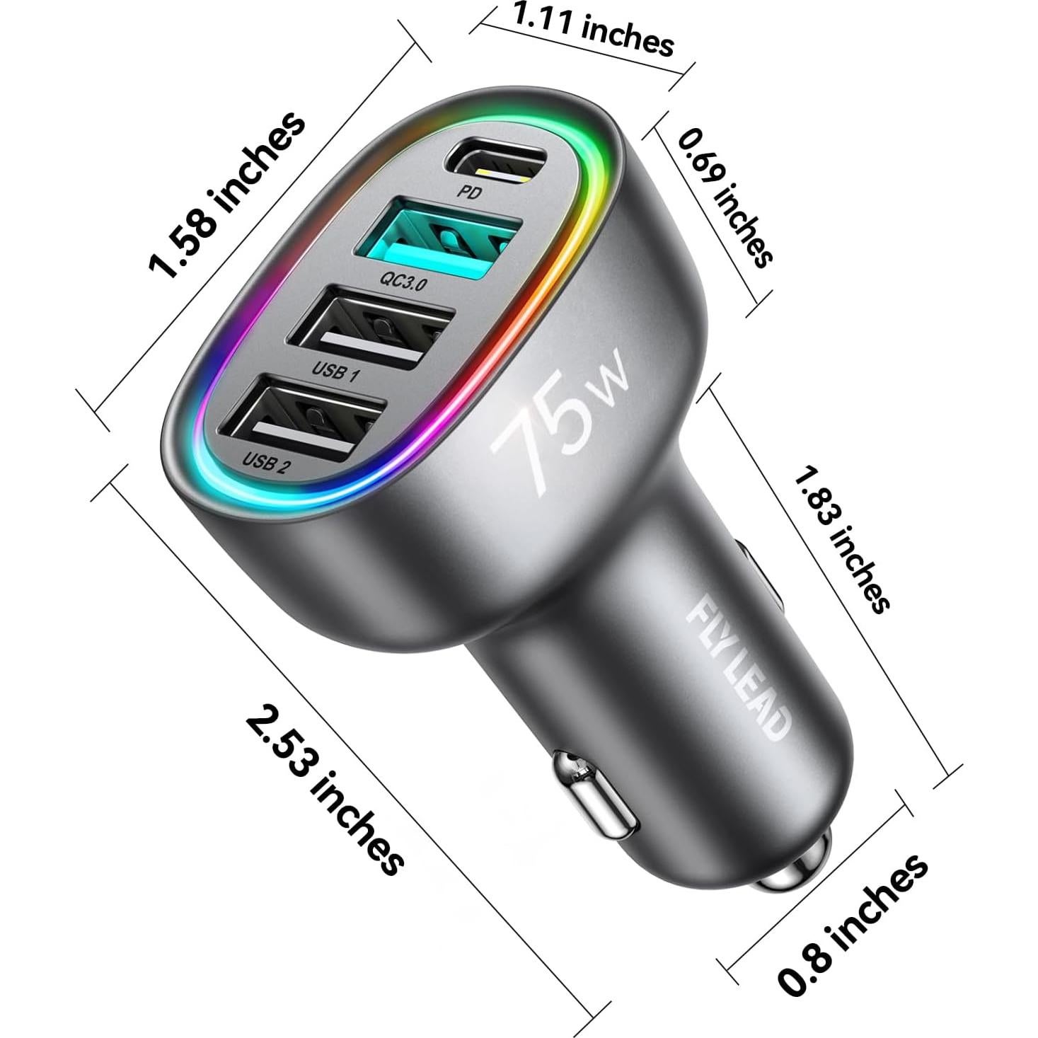 Cargador de Coche USB C 75W 4-Puertos FLYLEAD Rápido