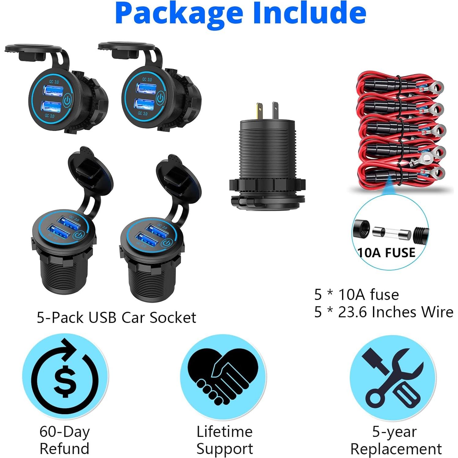 Paquete de 5 Salidas USB Carga Rápida 3.0 Qidoe 12V-24V