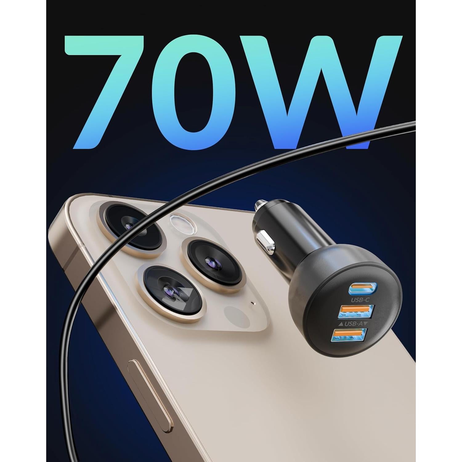 Cargador de coche USB-C 3 Puertos 70W Heyuan - Carga Rápida