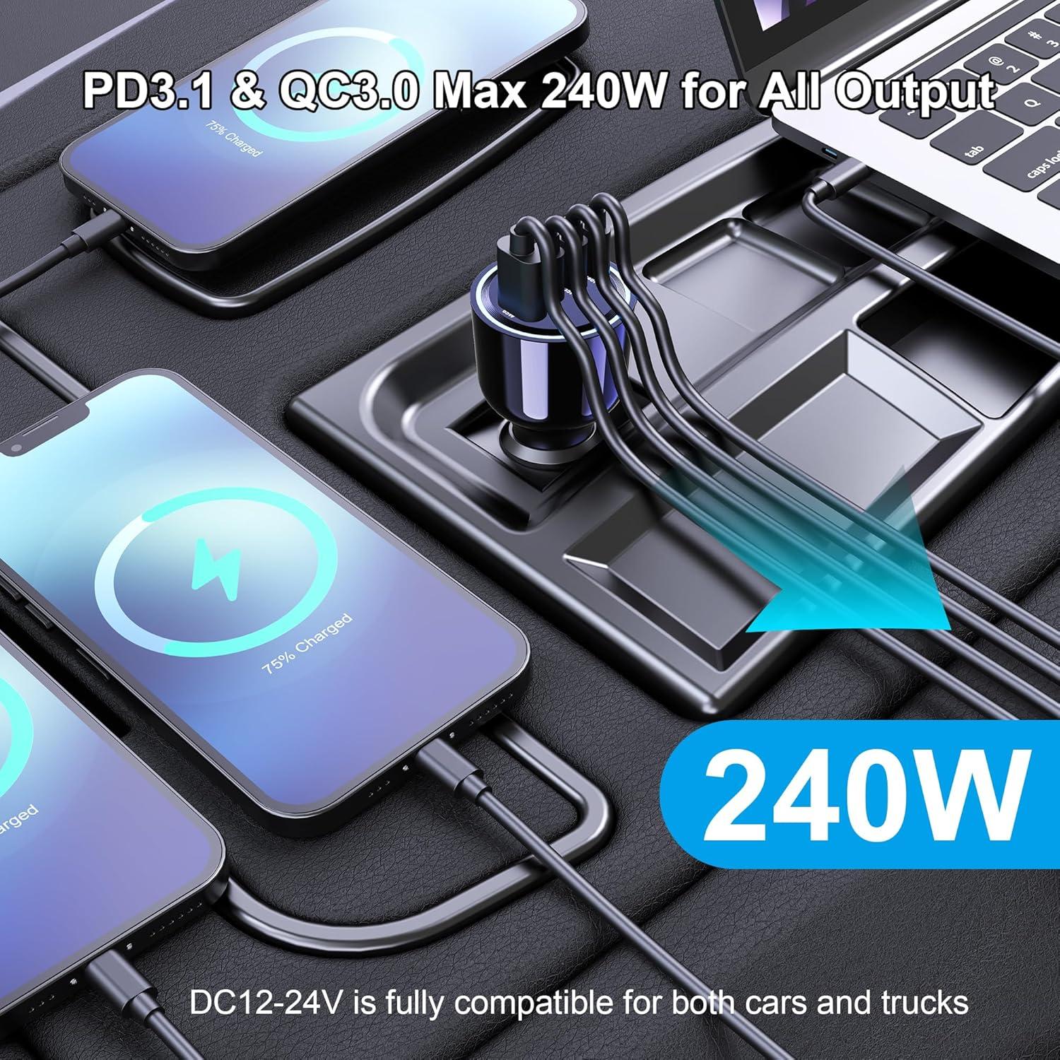 Cargador de coche URVNS 240W USB C 4 Puertos PD3.1 140W