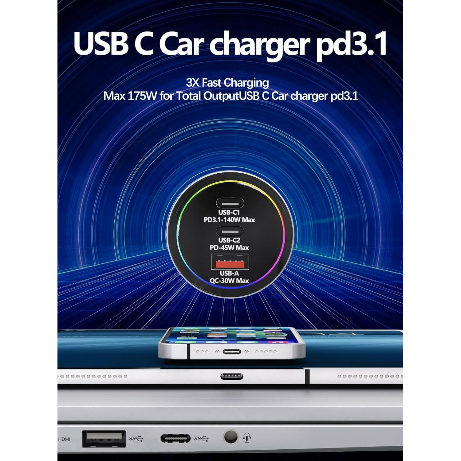Cargador de Coche USB-C 175W HKyoriyoi Carga Rápida 3 Puertos